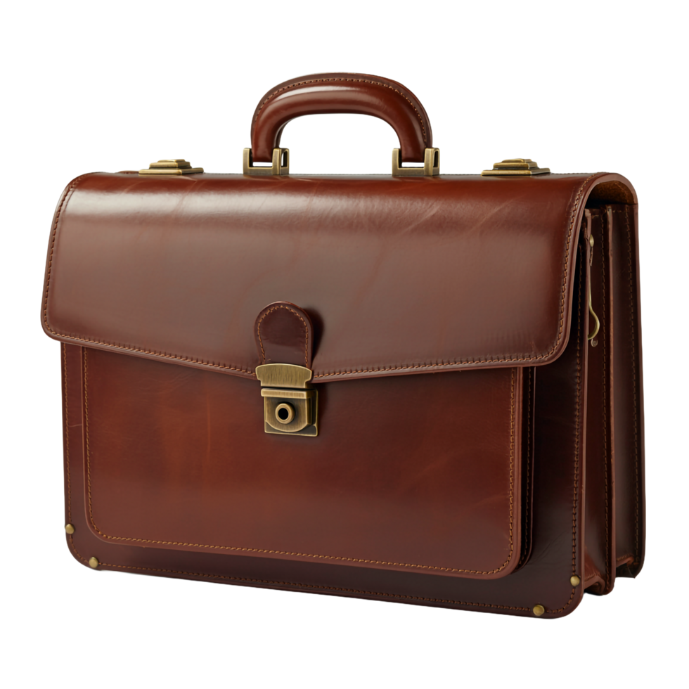 Detailed Brown Leather Briefcase with Brass Hardware on Transparent Background png