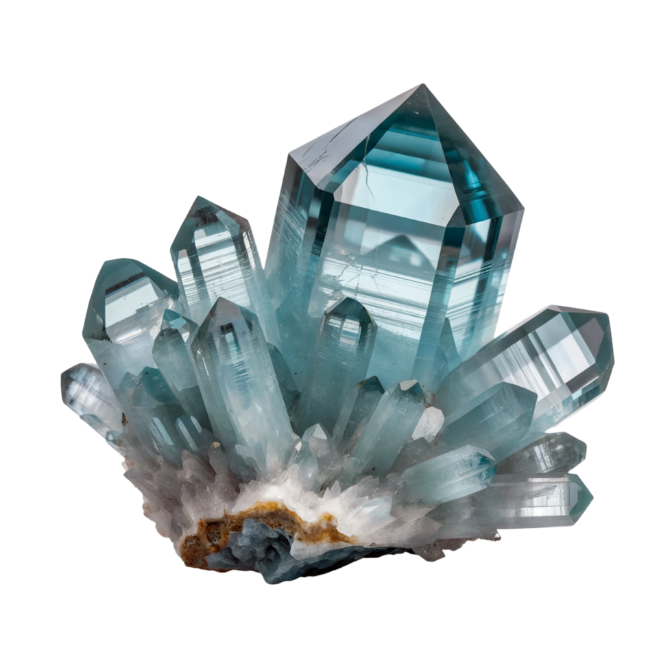 Raw Aquamarine Mineral Specimen with Prismatic Crystals on Transparent Background png