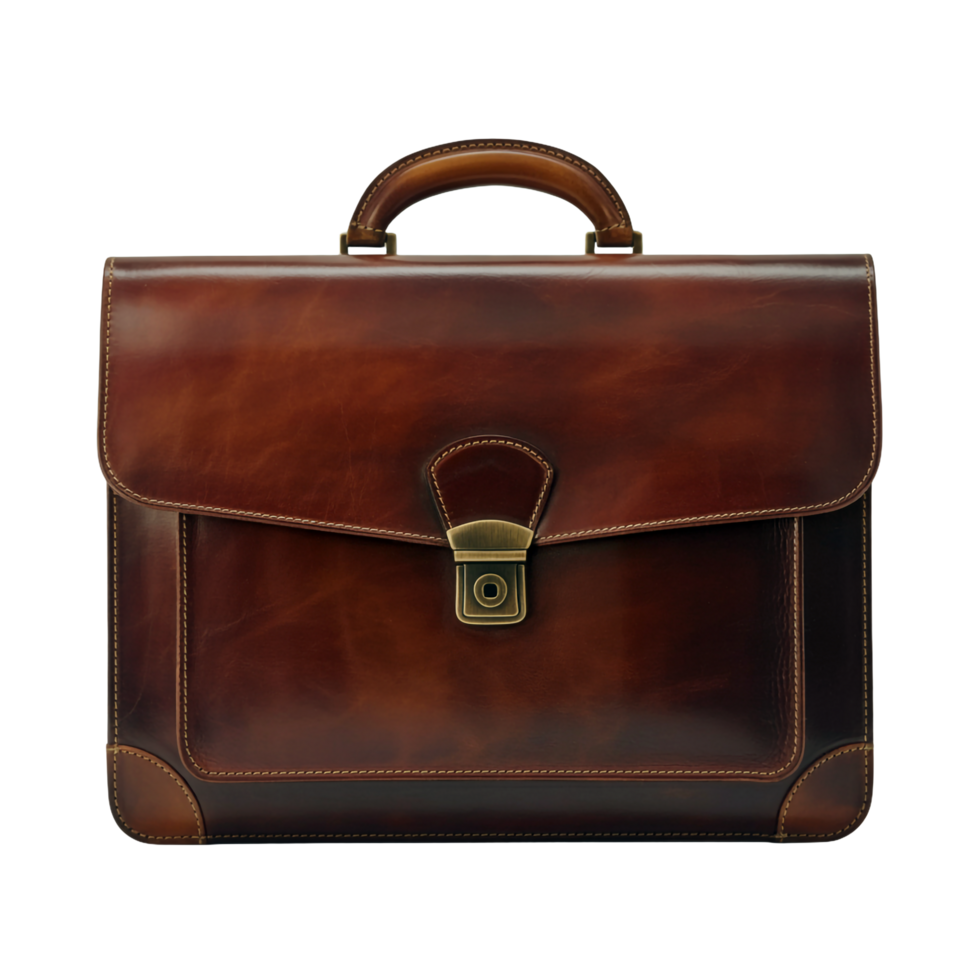 Elegant Brown Leather Briefcase with Handle, Stitching Detail on Transparent Background png