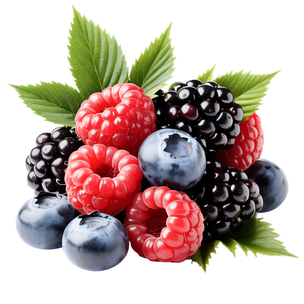 Fresh Pile of Raspberries Blueberries Blackberries With Green Leaves,Transparent png