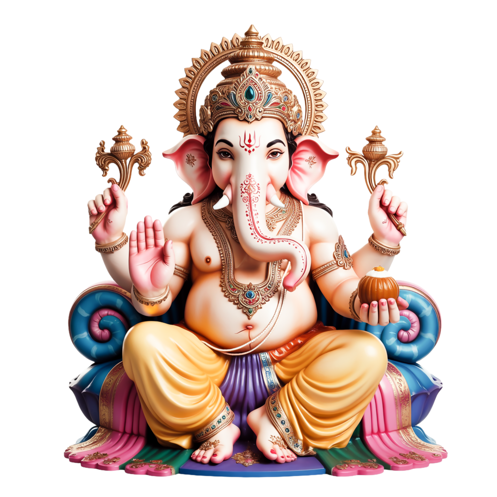 Illustrative Lord Ganesha Idol Seated on a Decorative Throne with Transparent Background png