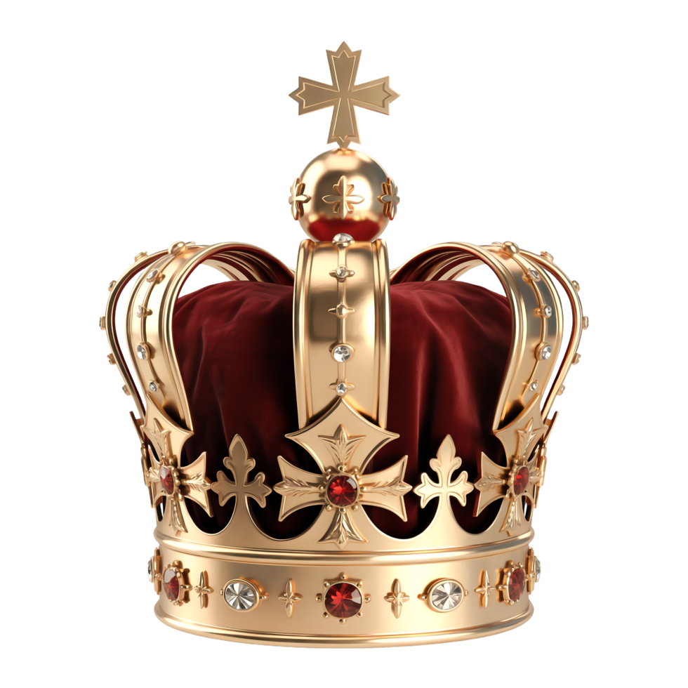 Majestic Golden Crown with Red Velvet and Gems on Transparent Background png