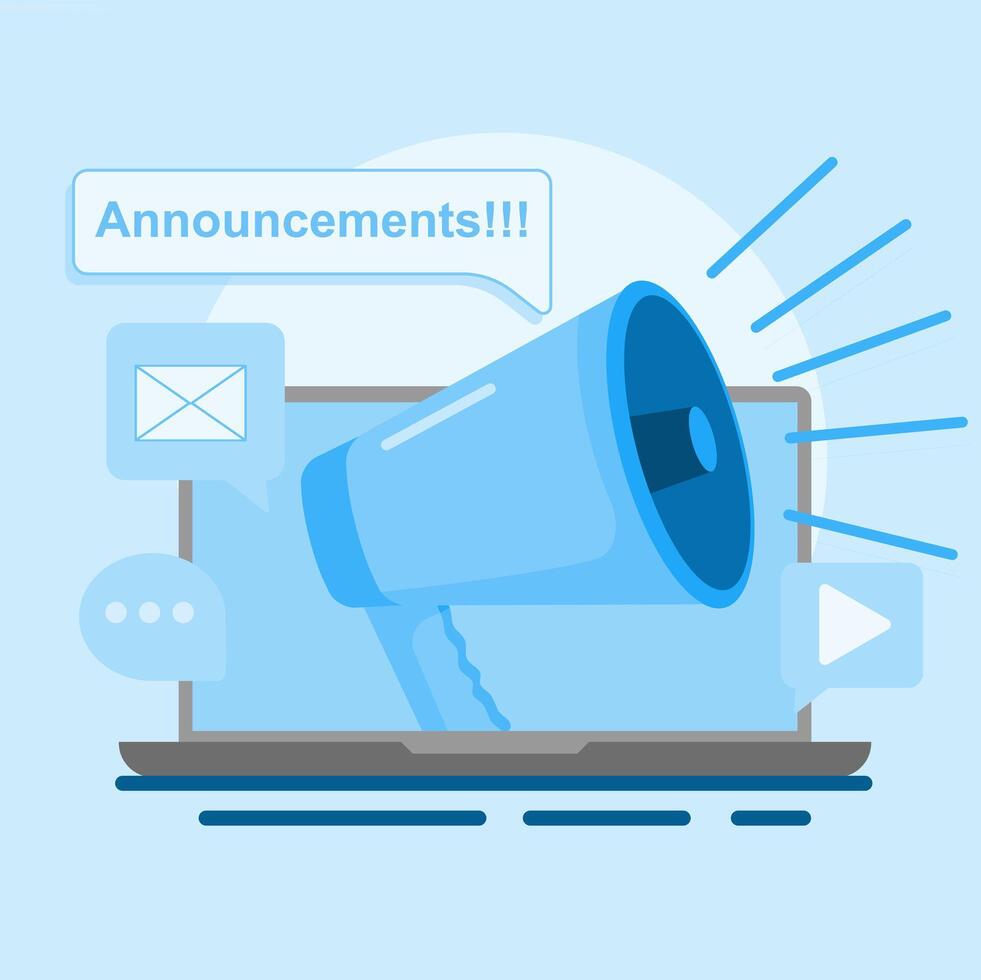 email marketing illustration. laptop with megaphone in front of laptop screen, email marketing concept. vector