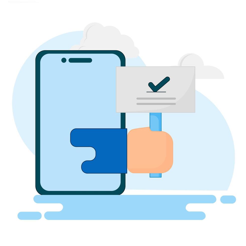 illustration of a mobile phone with a hand holding a check mark. vector