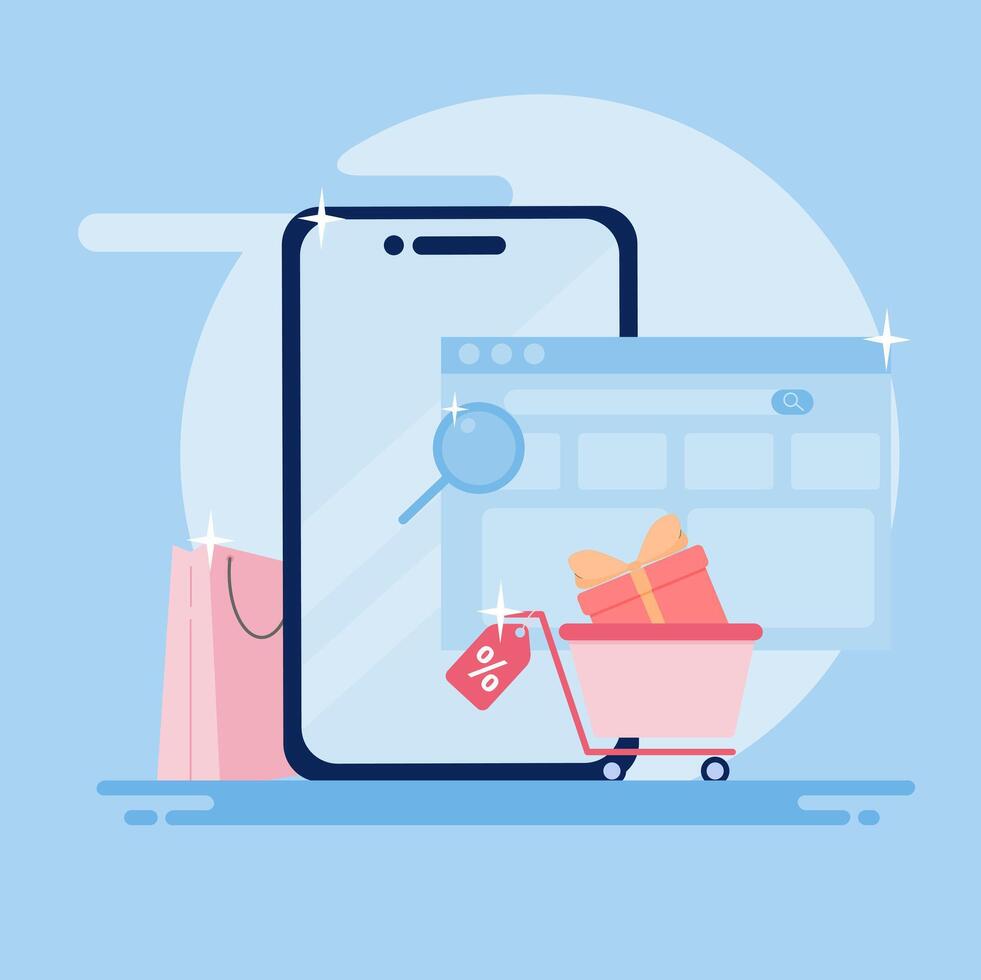 Mobile shopping cart and shopping bag on smartphone vector