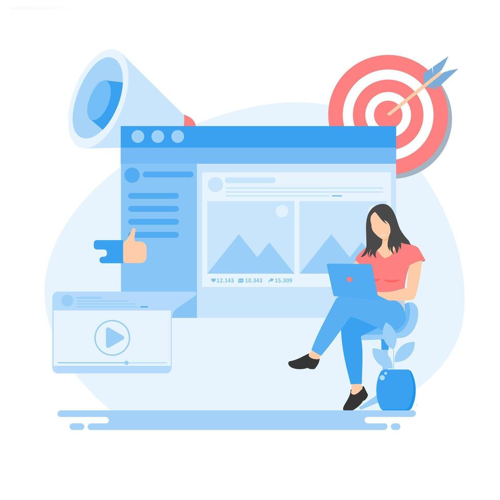 Attractive content creator, meaningful content, with female characters. target board, flat style concept social media sharing with icons. vector