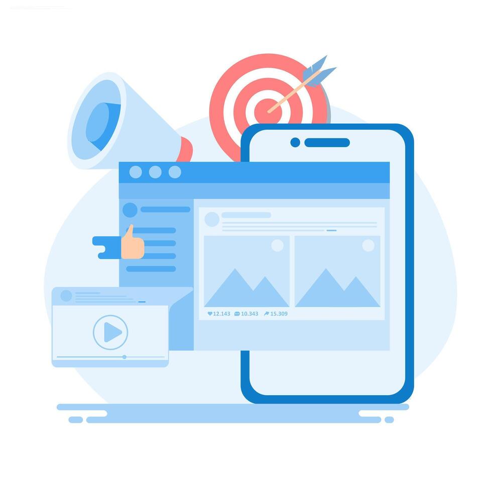 Attractive creator content, meaningful content, target board, flat style concept social media sharing with icons. vector