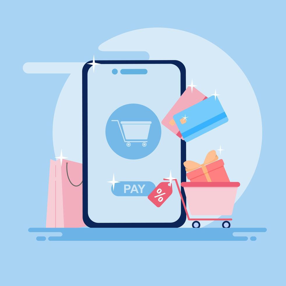 Shopping cart and shopping bag on mobile phone illustration vector