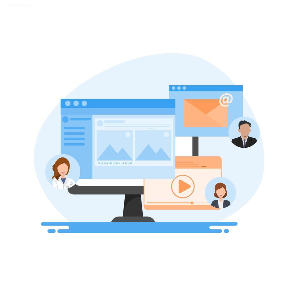 Engaging Content with three characters, meaningful content, flat style concept social media sharing with icons. vector