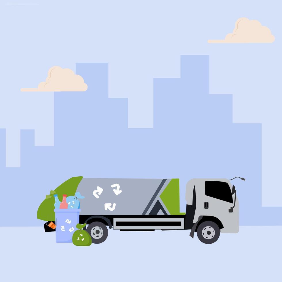 A garbage truck with a garbage can and recycling bin vector