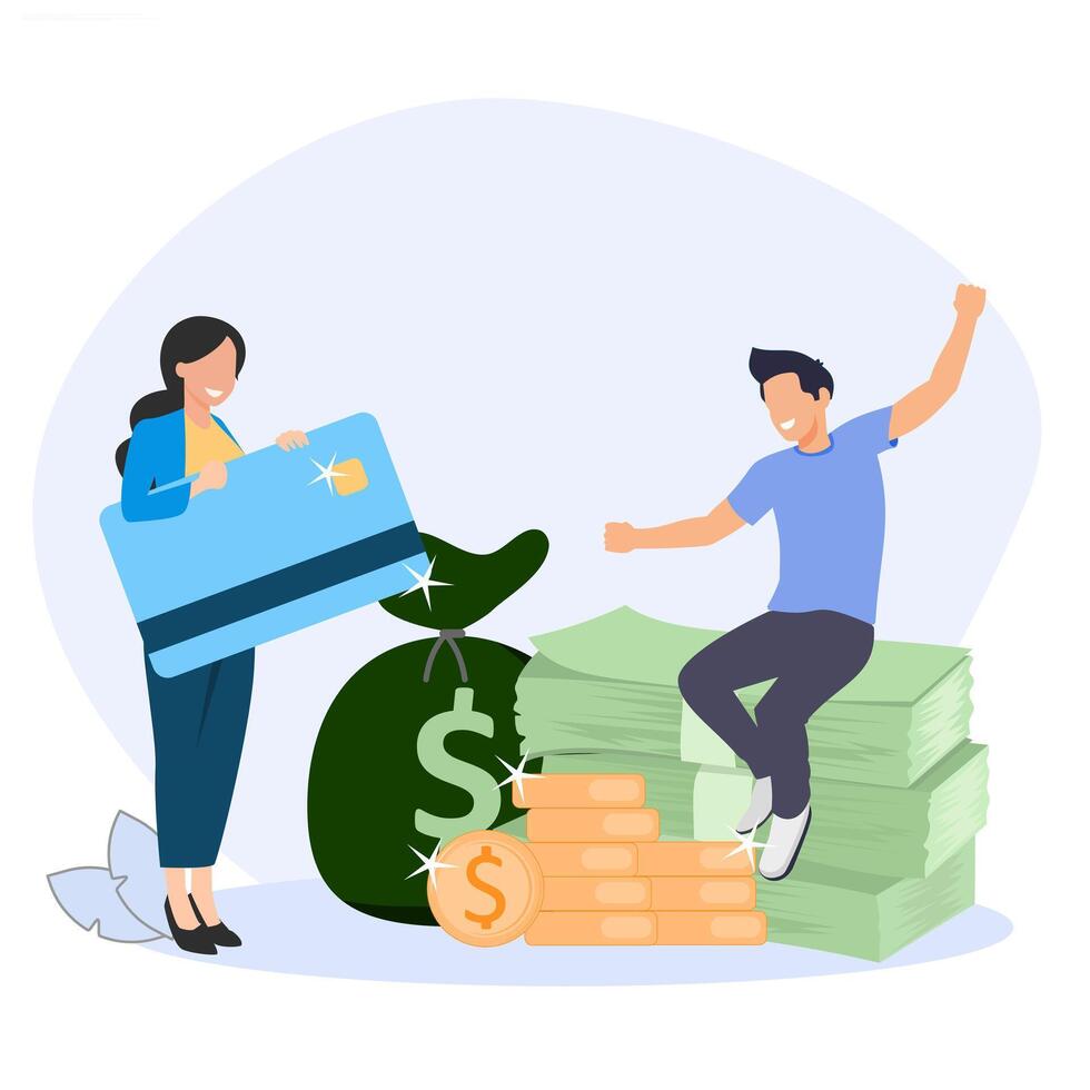 Cash Withdrawal, cash withdrawal illustration with female character holding ATM card and a man sitting happily. vector
