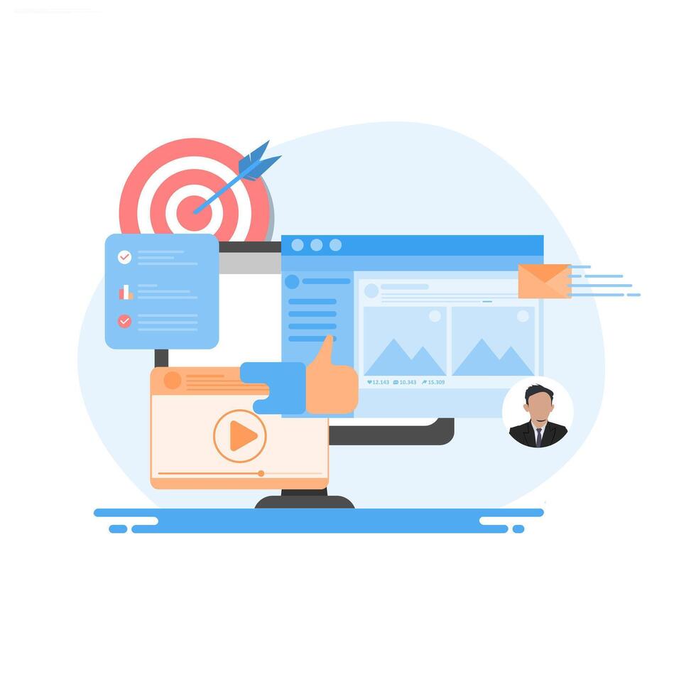 Engaging Content, meaningful content, target board, flat style concept of social media sharing with icons. vector