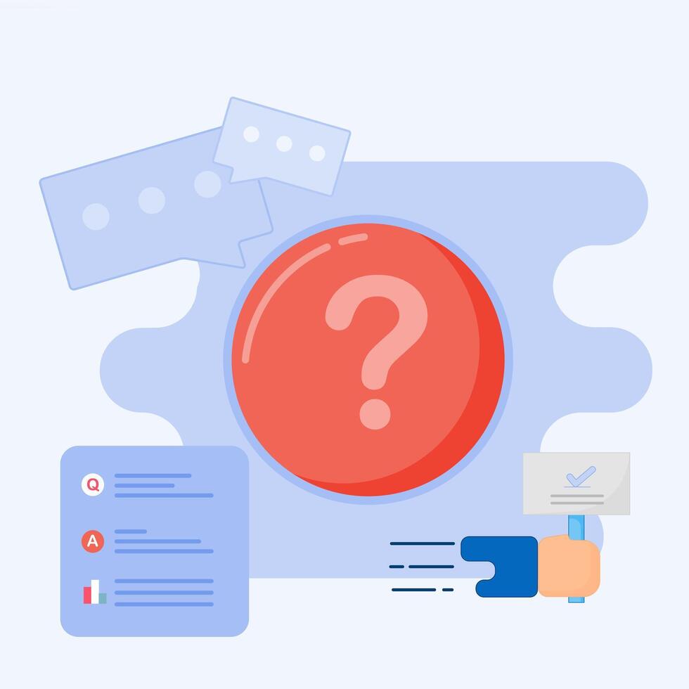 a large question mark icon, and a hand holding a board with a check mark on it. vector