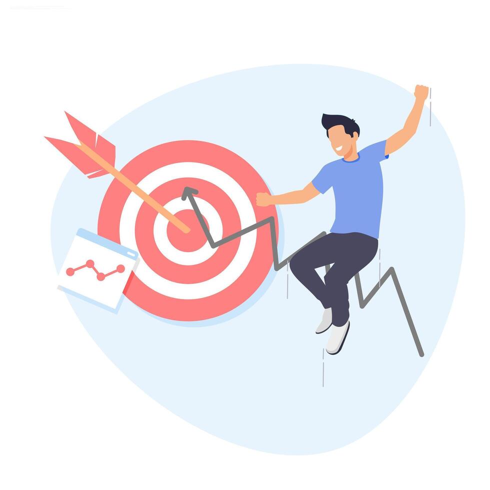 Setting clear business goals, arrows on target and graphic icons and animated characters jumping, The concept of arrows on target. vector