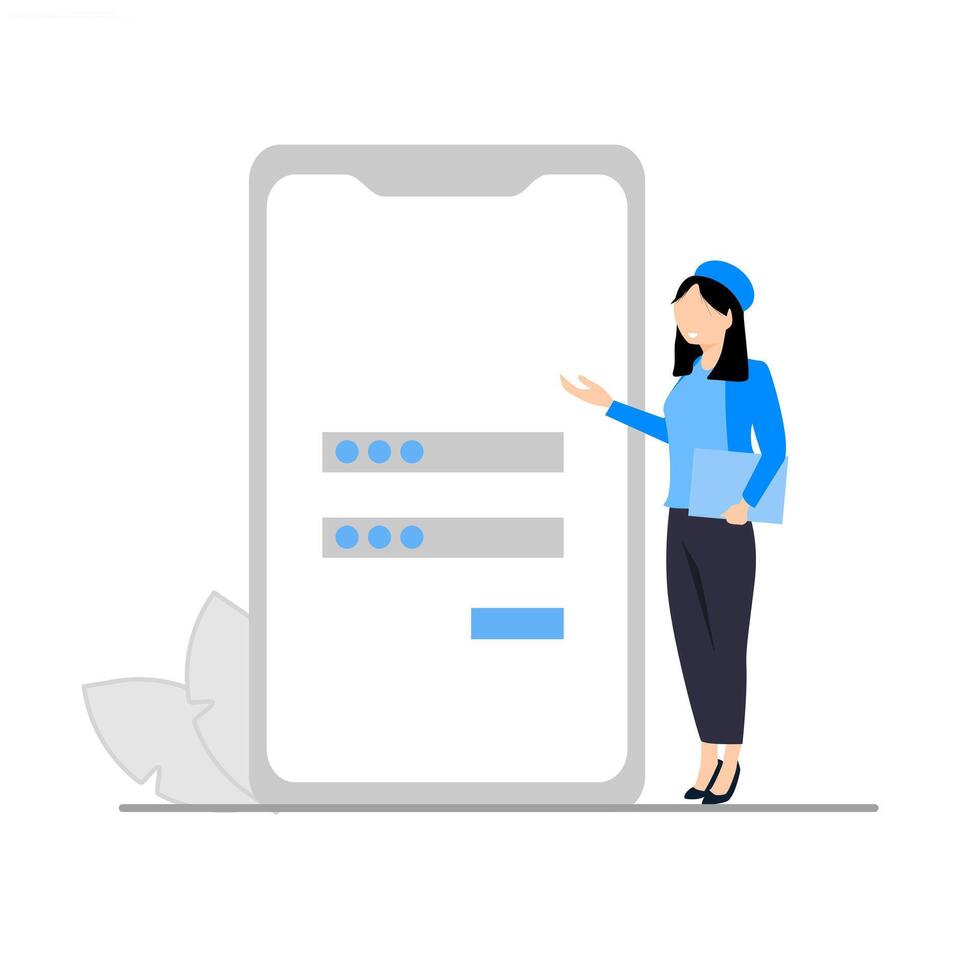 Illustration of the concept of registration and login, with a woman holding a blue map. vector