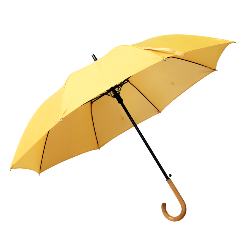 Stylish Bright Yellow Umbrella with Wooden Hook Handle on Transparent Background png