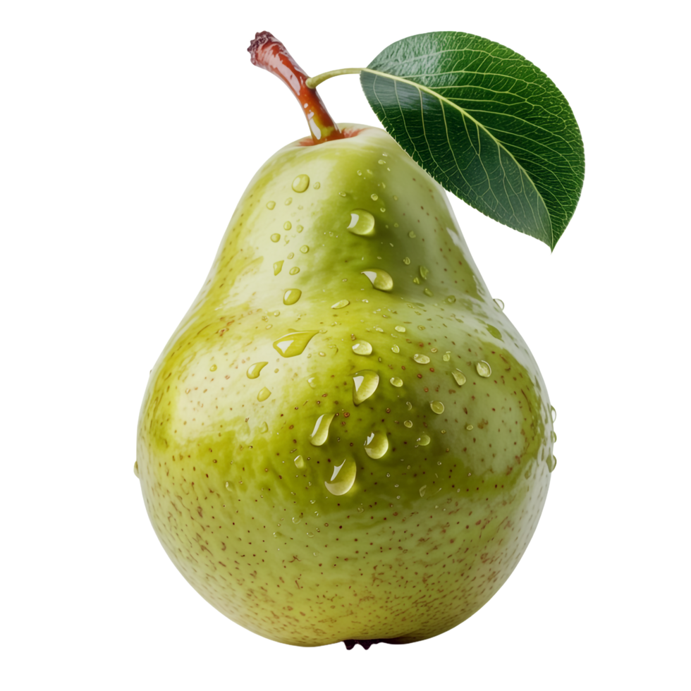 Fresh Green Pear with Leaf and Water Droplets on Transparent Background png