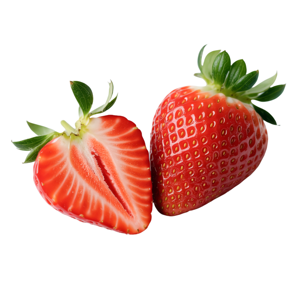 Sliced Strawberry Fruits with Green Stems on Transparent Background, Cut, Red, Fresh png