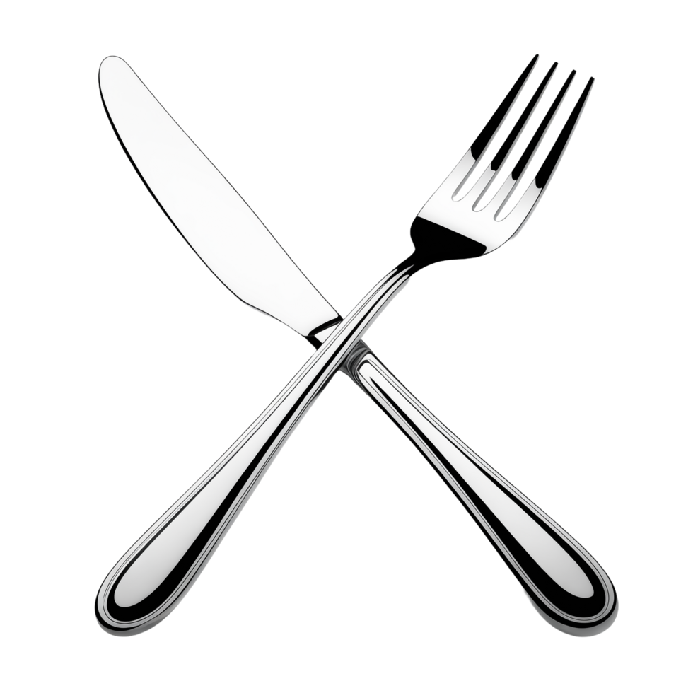 Shiny Silverware Intersecting Dinner Knife and Fork on Transparent Background png