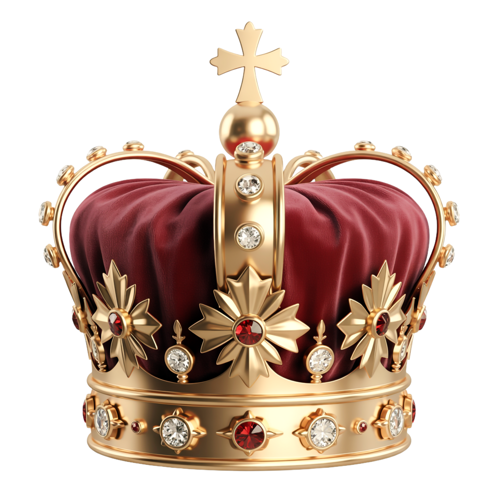 Golden Crown with Red Velvet and Jewels on Transparent Background, Royalty png