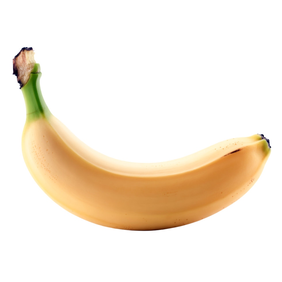 Single Yellow Banana with Green Stem and Brown Spots on Transparent Background png