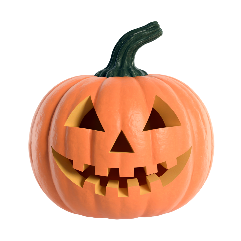 Carved Orange Pumpkin with Green Stem Halloween Jacko'Lantern on Transparent Background png