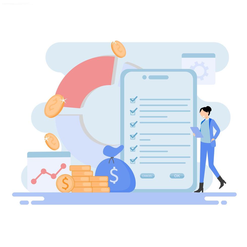 Business, finance and investment app. with calculator, coin, graph and character icons running while looking at tablet. for Banner, landing page and website. vector