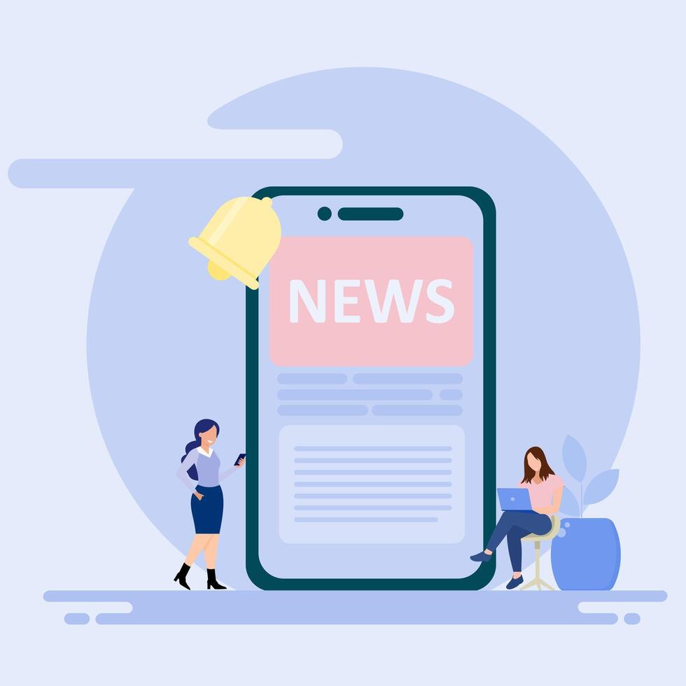 News page concept with characters. Using mobile phones, tablets and computers to read news. Illustrations in flat style for banners, websites, applications. vector