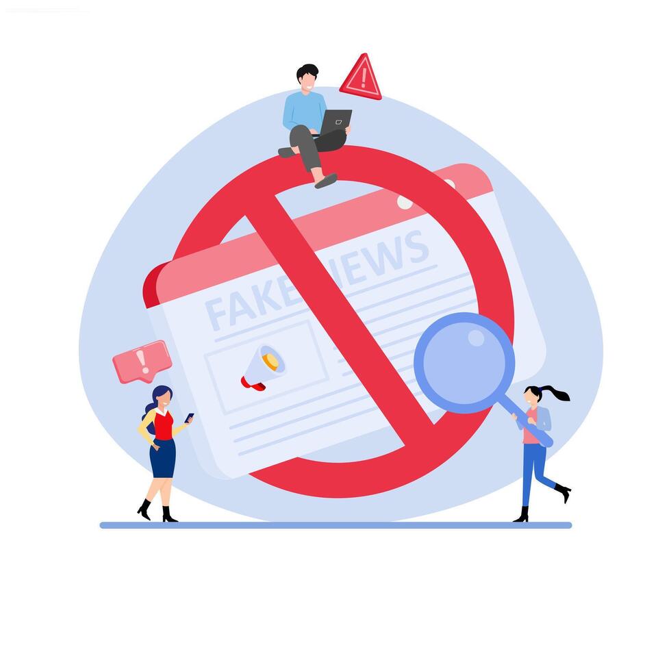 illustration of public lies and fake news. with character surfing in browser search and browsing news. Elements for banners, posters and social media. fake news concept in flat style vector