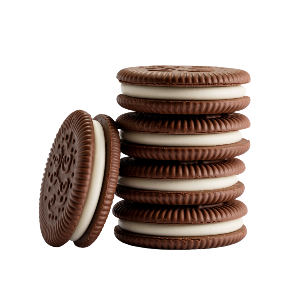 Stacked Chocolate Cookies with Cream Filling on Transparent Background CloseUp png