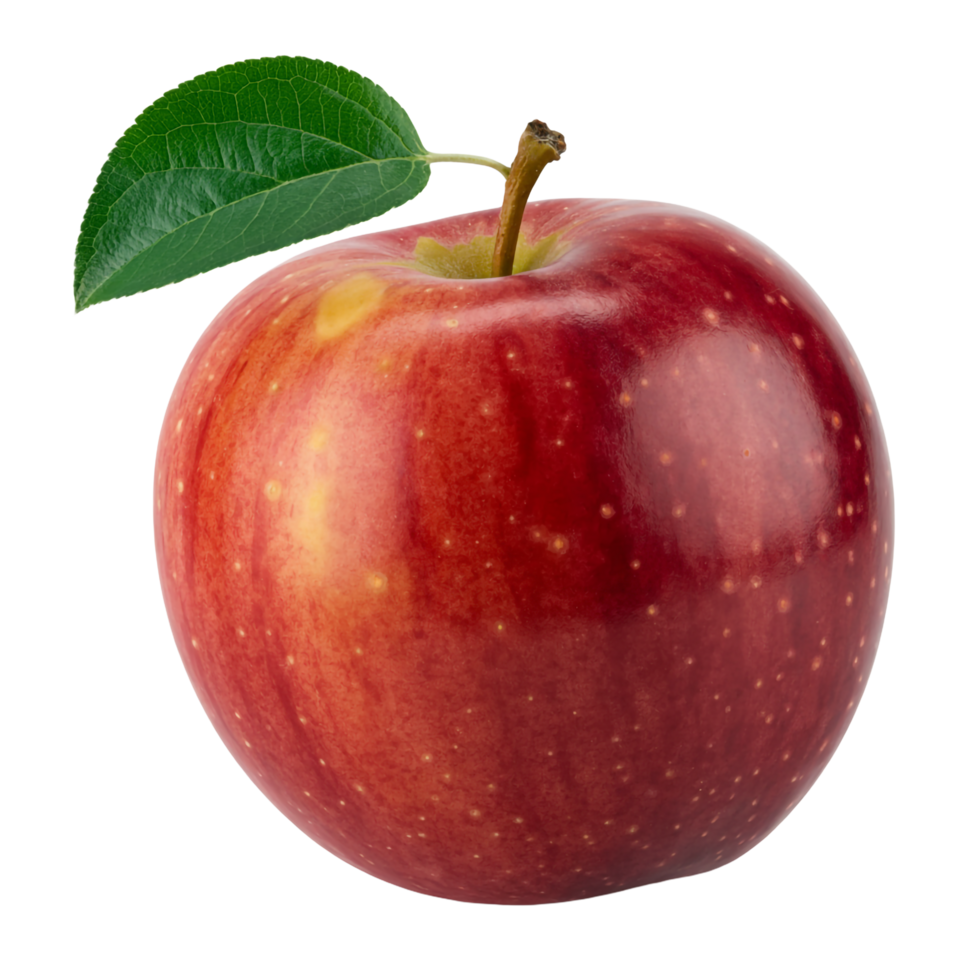 Fresh Red Apple with Green Leaf and Stem Isolated on Transparent Background png