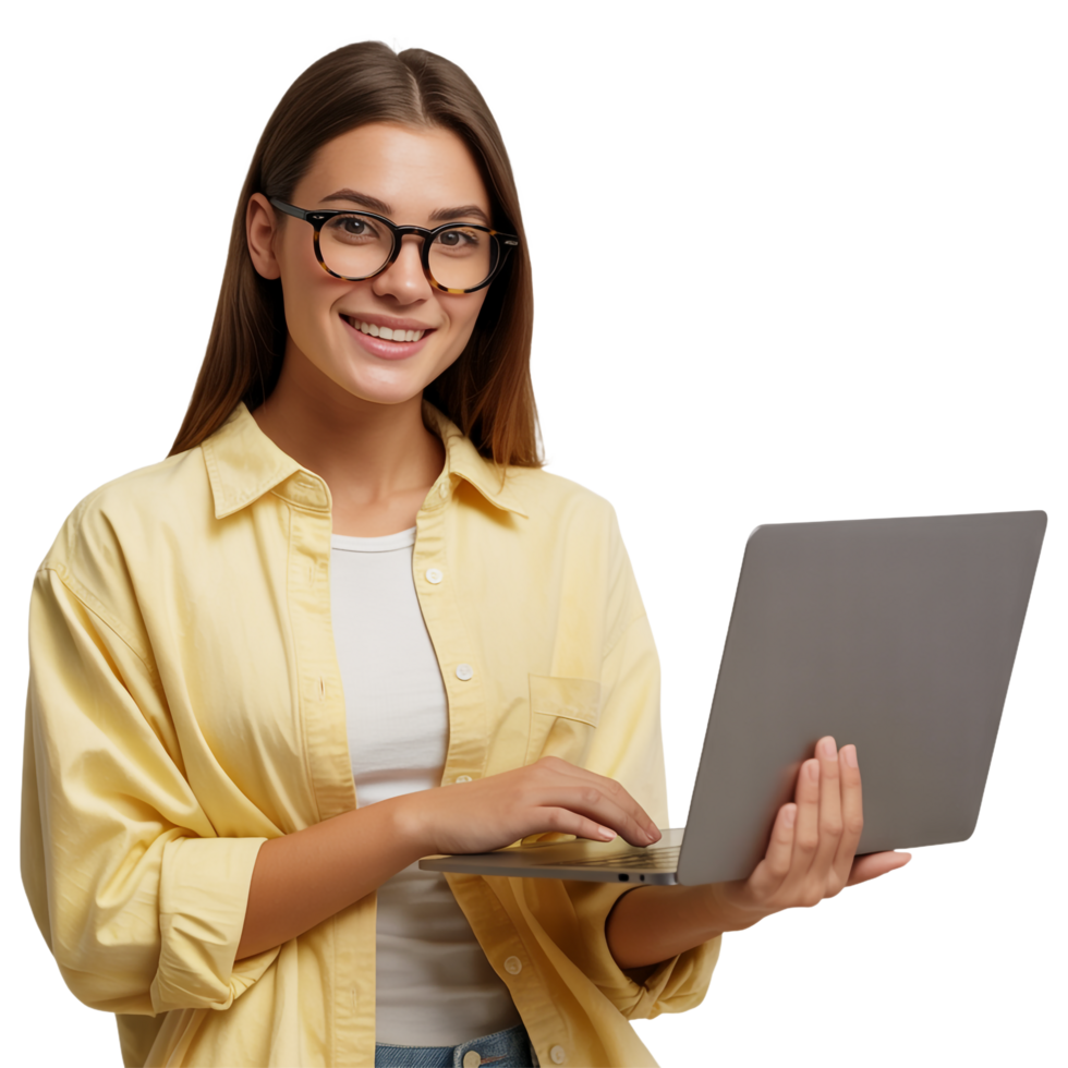 Smiling Caucasian Woman Typing on Laptop with Transparent Background png