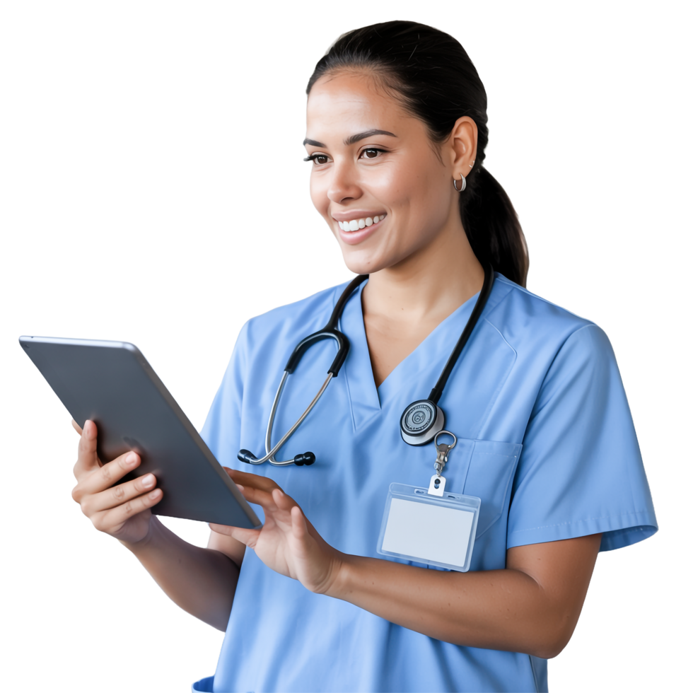 Smiling Hispanic Nurse Uses Tablet in Blue Scrubs with Transparent Background png