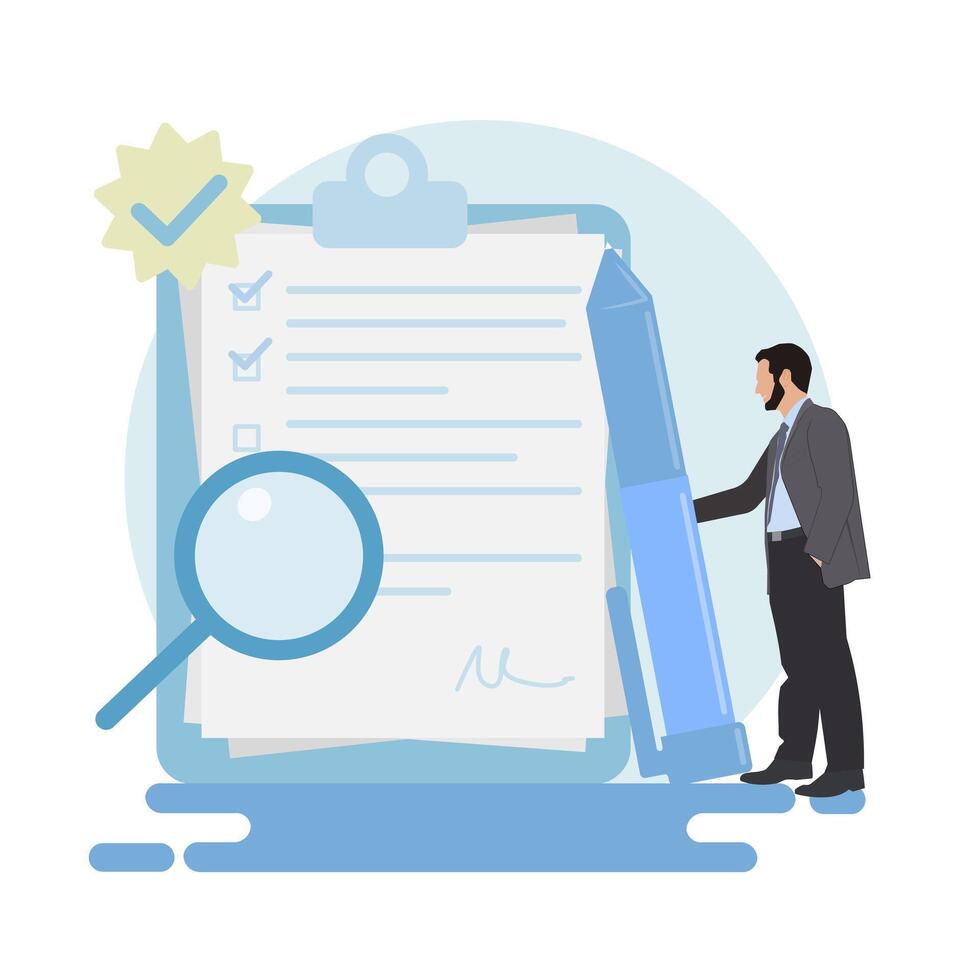 Businessman with clipboard and pen checking checklist illustration vector