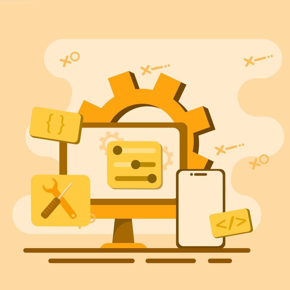 A computer screen with gears and icons on it vector