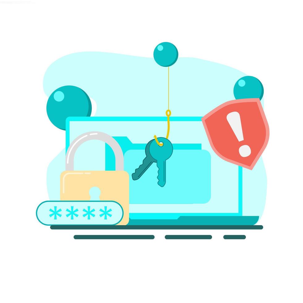 An illustration of a laptop with a padlock and keys vector