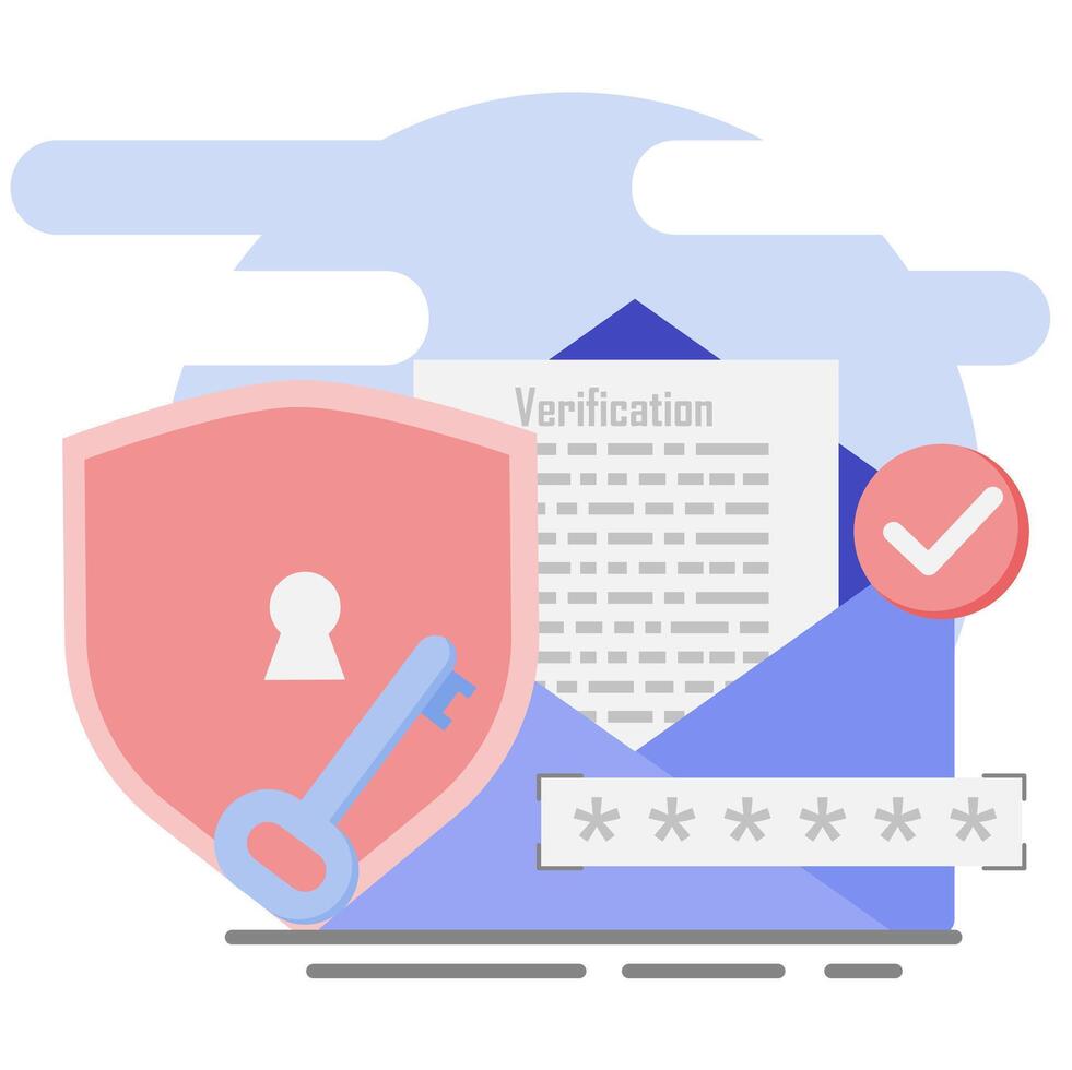 Email verification, illustration of account security with verification via E-mail. vector