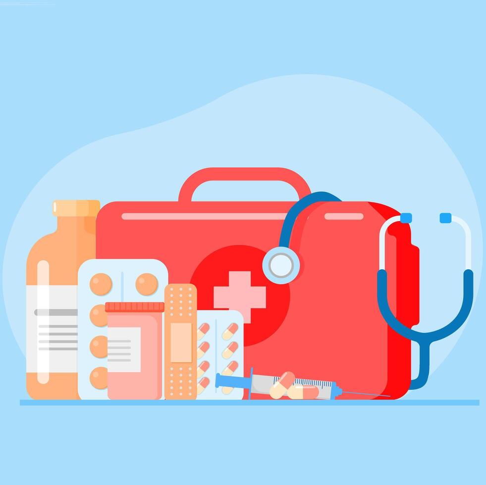 Medical equipment and first aid kit on blue background. first aid kit concept. vector
