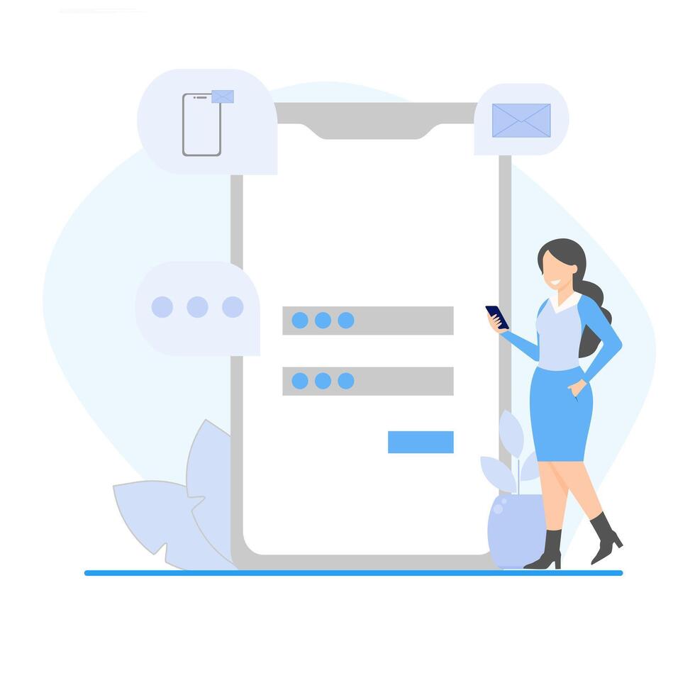 Illustration of the registration and login concept, with a woman using a mobile phone. vector
