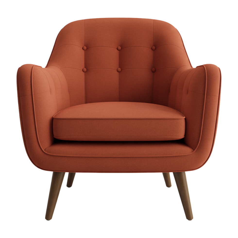 Front View of Upholstered Armchair in Rust Color with Wooden Legs, Transparent Background png