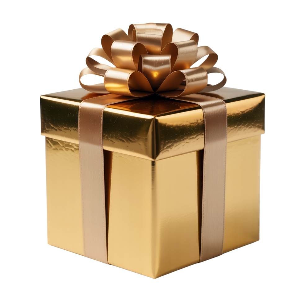 Golden Square Gift Box with Ribbon Bow Isolated on Transparent Background png
