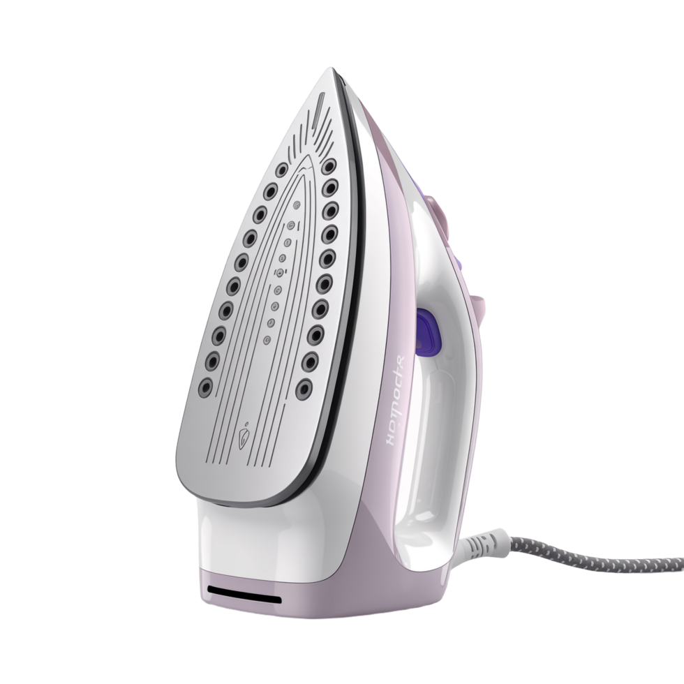 Modern Electric Iron, White Body, Gray and Purple Accents with Transparent Background png