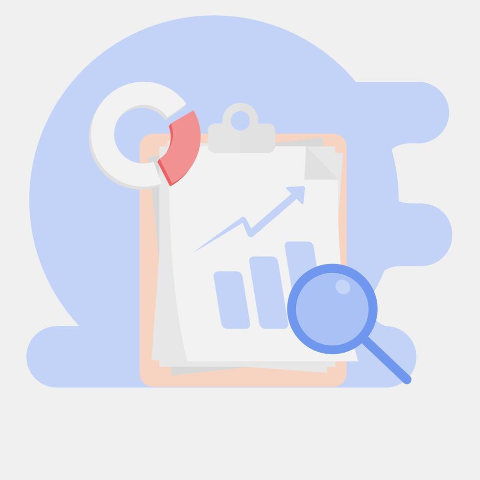 stock growth analysis, with job board icon, magnifying glass and bar graph with rising arrow. vector