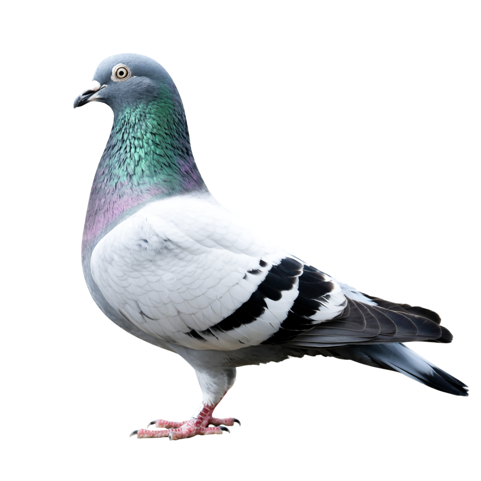 Pigeon isolated, gray and white feathers, iridescent neck with transparent background png