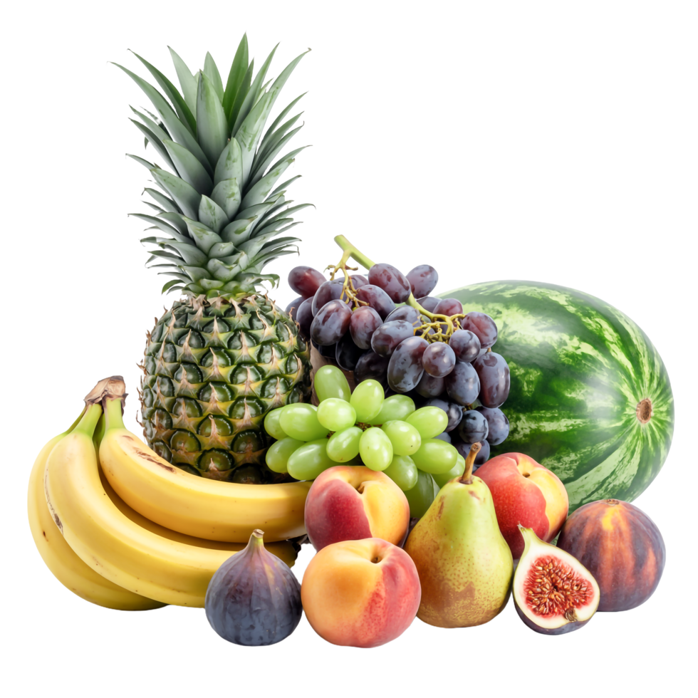 Fresh Still Life Pineapple, Banana, Watermelon, Grapes, Fig on Transparent Background png