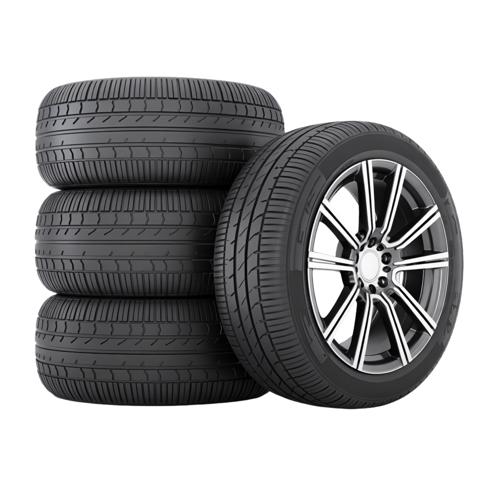 Stack of Four Black Car Tires with Rim on Transparent Background, Automotive Parts png