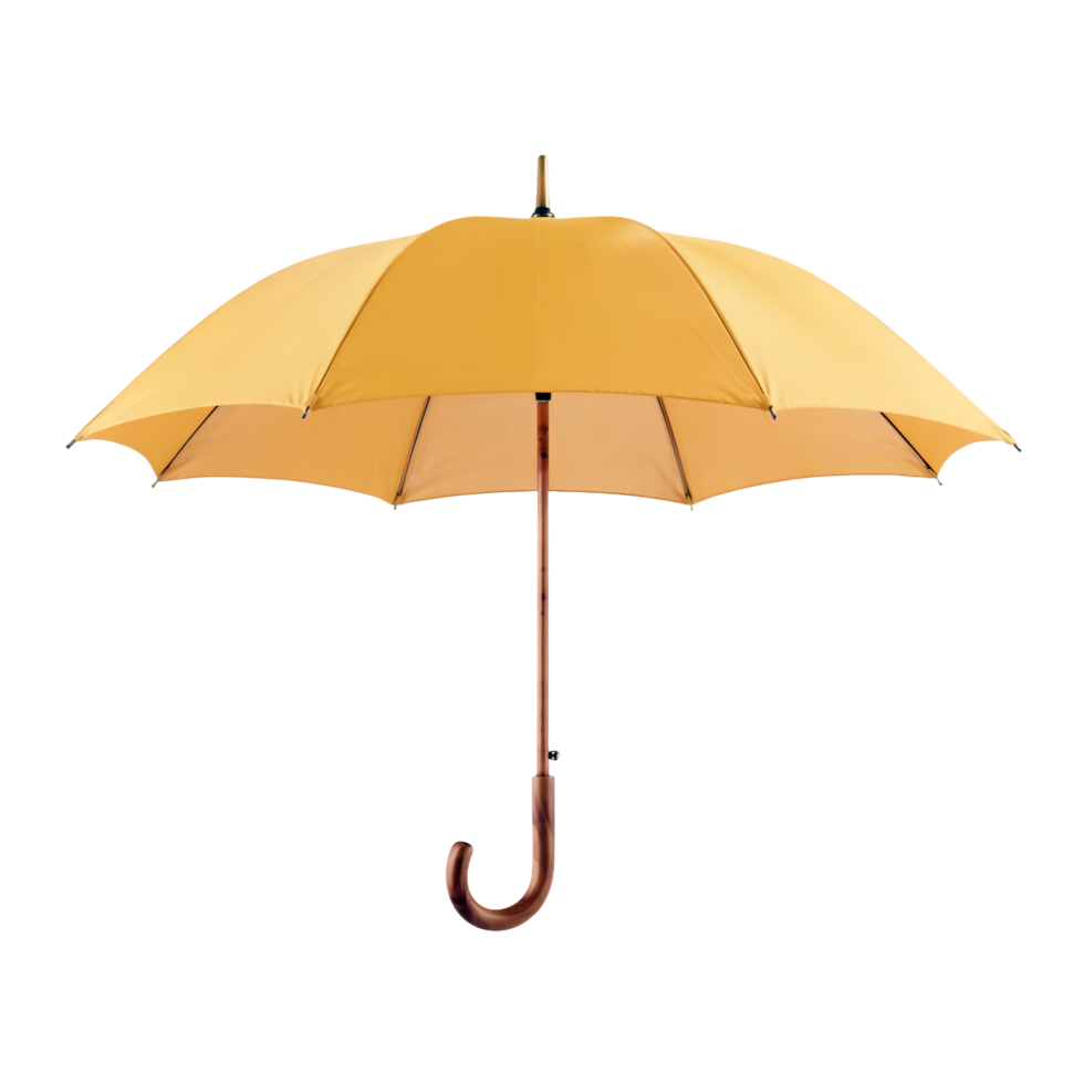 Open Golden Umbrella, Elegant Wooden Handle and Shaft with Transparent Background Design png