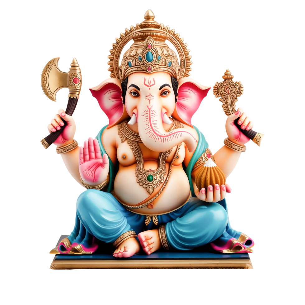 Ganesha Sculpture with Axe, Ornamented Crown, Festive Hindu God on Transparent Background png