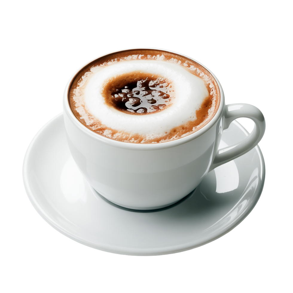 Frothy Cappuccino in White Cup on Saucer Isolated on Transparent Background png