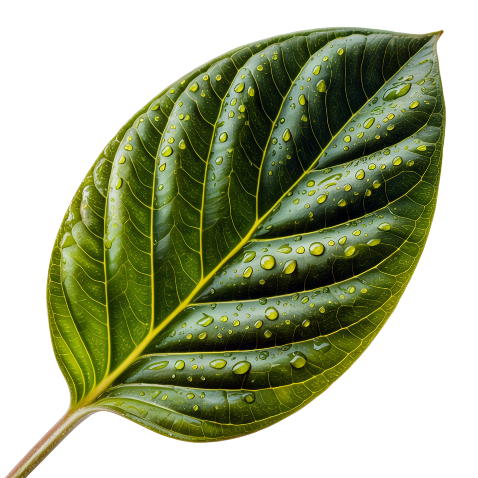 Wet Green Leaf Veins Detail Fresh Dew Drops Isolated on Transparent Background png